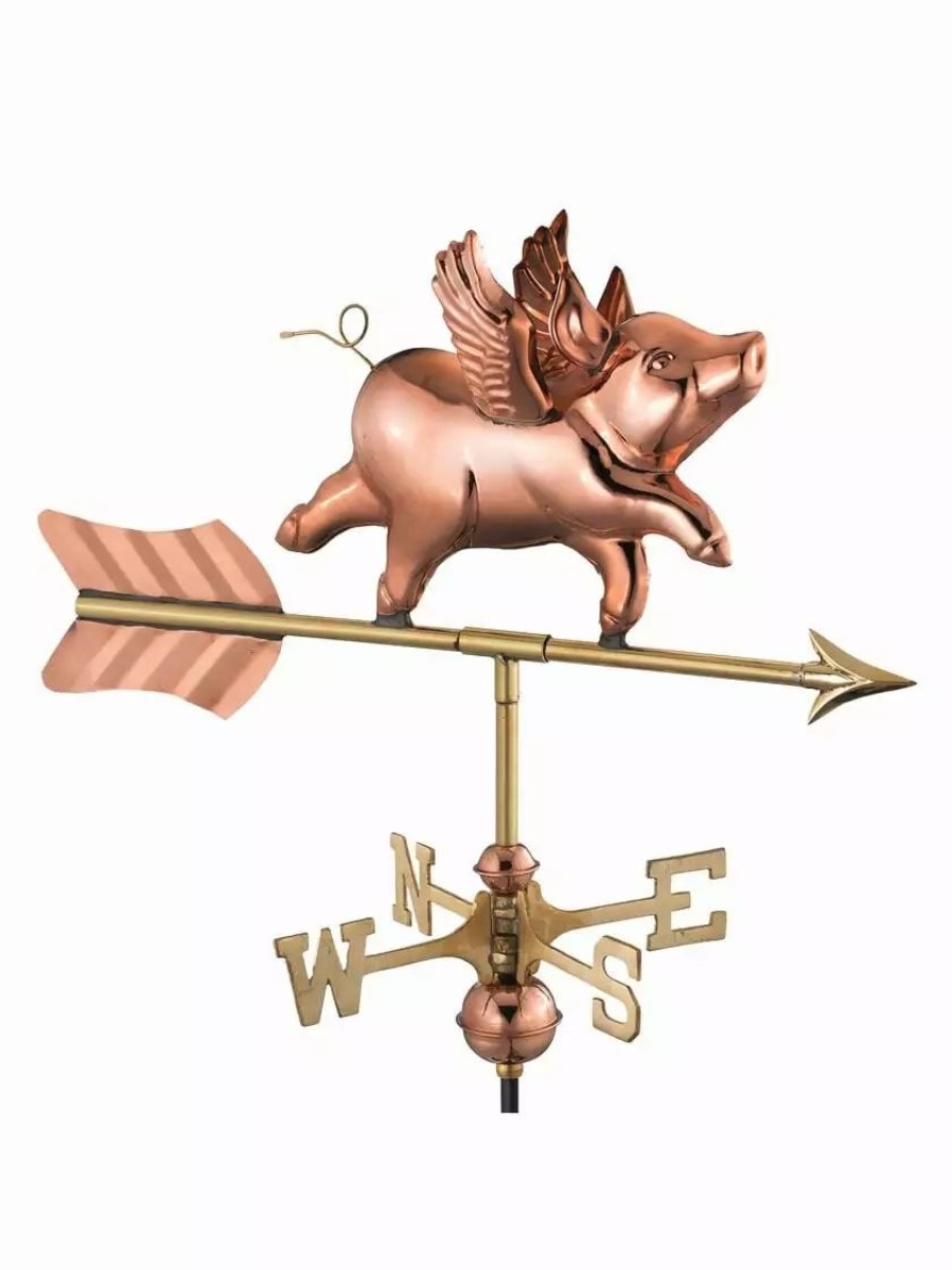 Yard & Garden Decor * | Gsc Flying Pig Cottage Copper Weathervane With Roof Mount