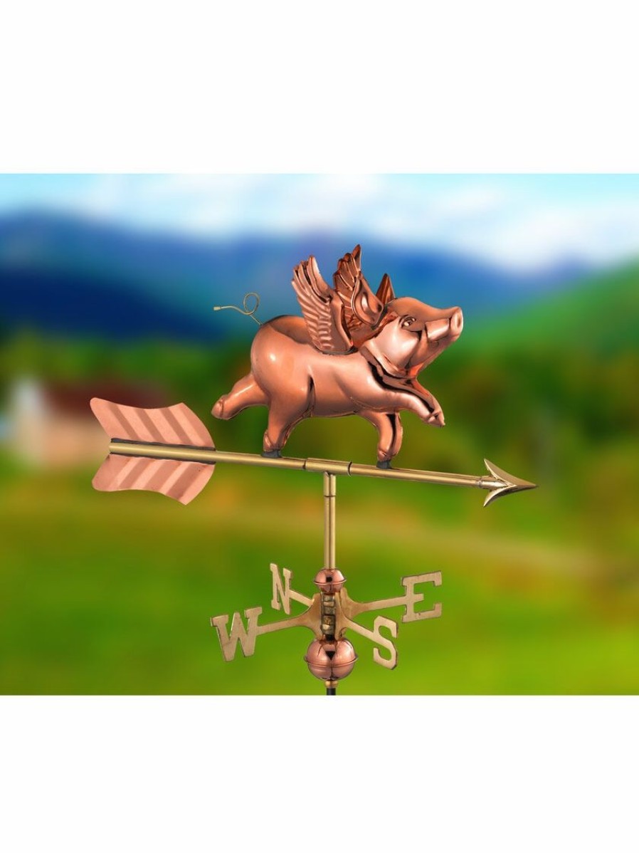 Yard & Garden Decor * | Gsc Flying Pig Cottage Copper Weathervane With Roof Mount