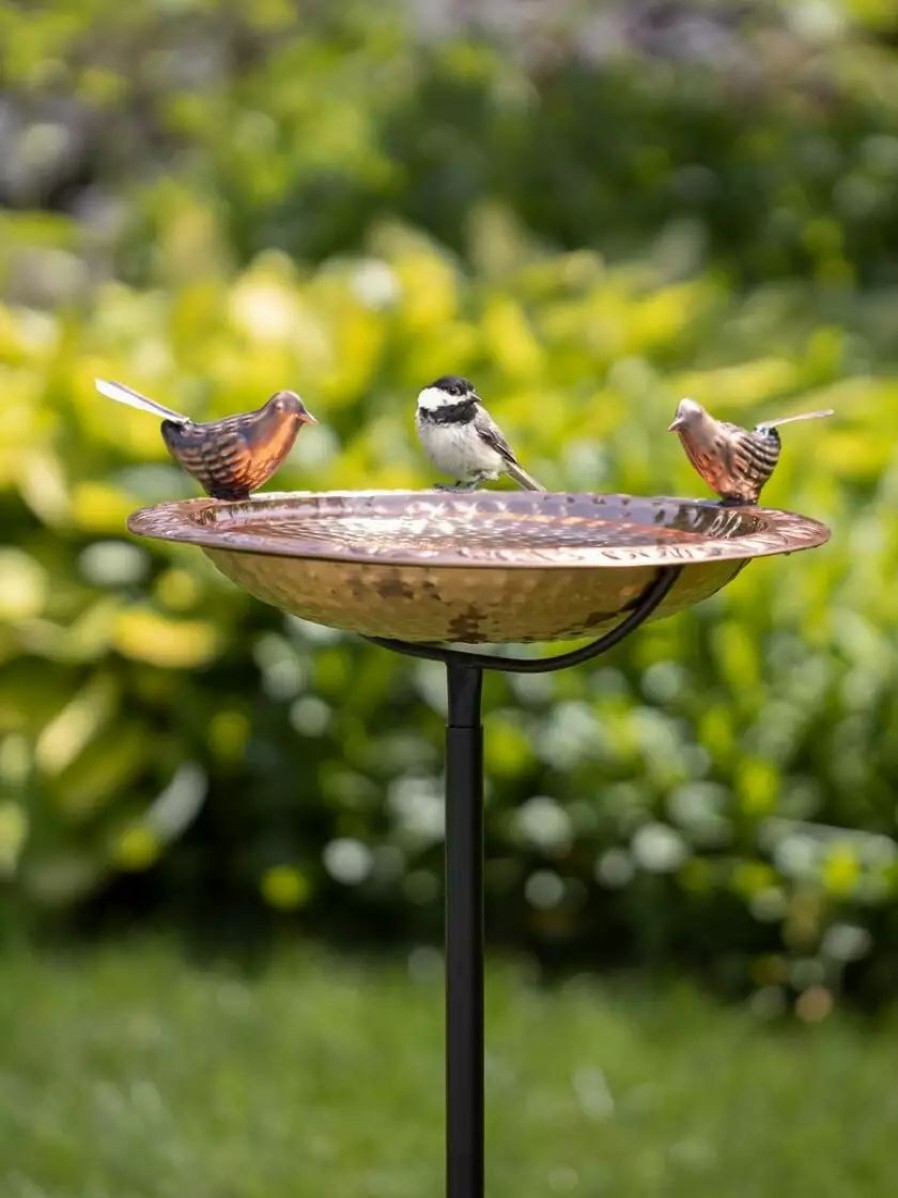 Backyard Habitat * | Gsc Pure Copper Bird Bath With Two Copper Birds And Multipronged Garden Pole