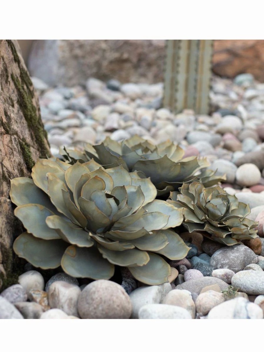 Yard & Garden Decor * | Gsc Desert Steel Blue Rose Succulent Sculpture