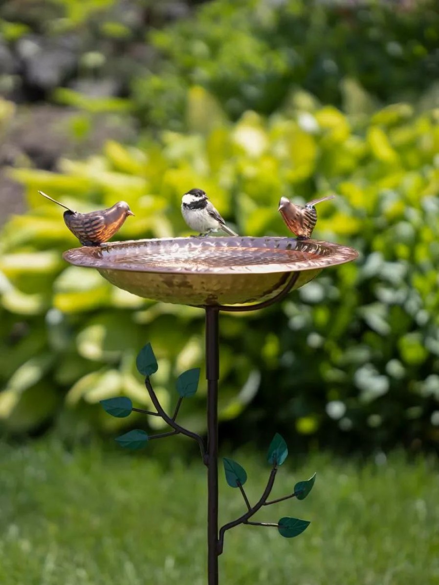 Backyard Habitat * | Gsc Pure Copper Bird Bath With Two Copper Birds And Tree Multipronged Garden Pole