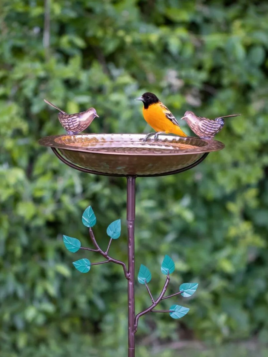 Backyard Habitat * | Gsc Pure Copper Bird Bath With Two Copper Birds And Tree Multipronged Garden Pole